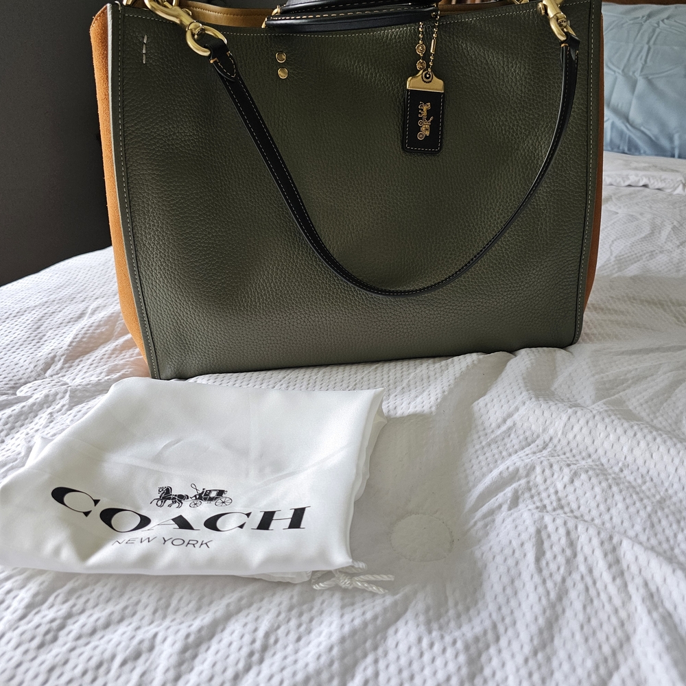Coach Green and Tan Leather Tote Bag